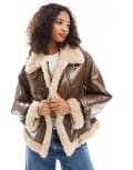 [Pull & Bear] Pull & Bear vinyl aviator jacket with shearling trim in brown M BROWN