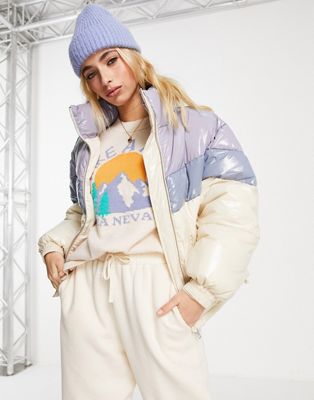 Pull&Bear vinyl color block jacket in blue and white - ASOS Price Checker