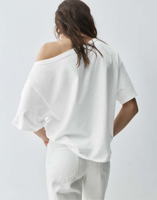 Pull&Bear – Vit, asymmetrisk t-shirt med korta ärmar, 2 av 7