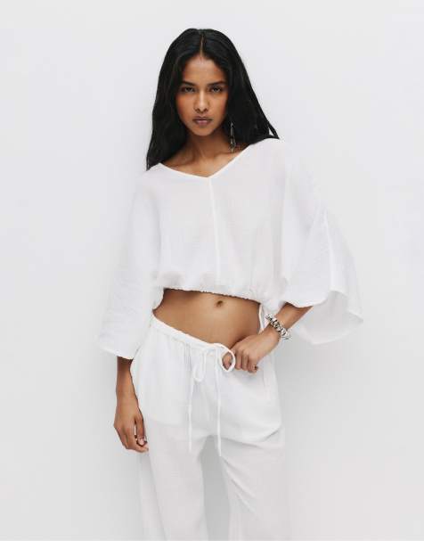 Pull&Bear – Vit blus i justerbar crêpe - view 1
