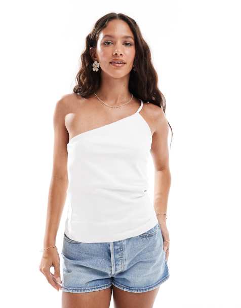 Pull&Bear – Vit, enaxlad topp med smalt axelband - view 1