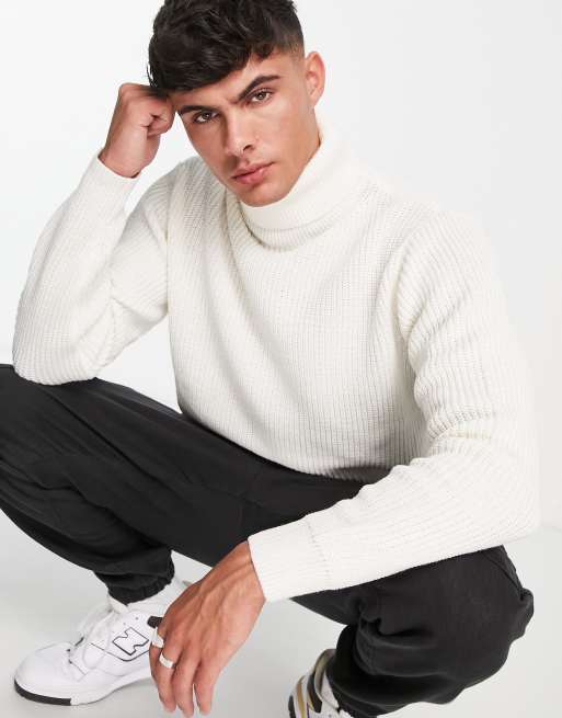 Pull&Bear – Vit, grovstickad tröja med polokrage