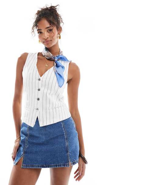 Pull&Bear – Vit, kritstrecksrandig kostymväst i denim - view 1