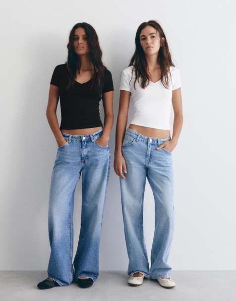 Pull&Bear – Vit och svart t-shirt med v-ringning, 2-pack - view 1