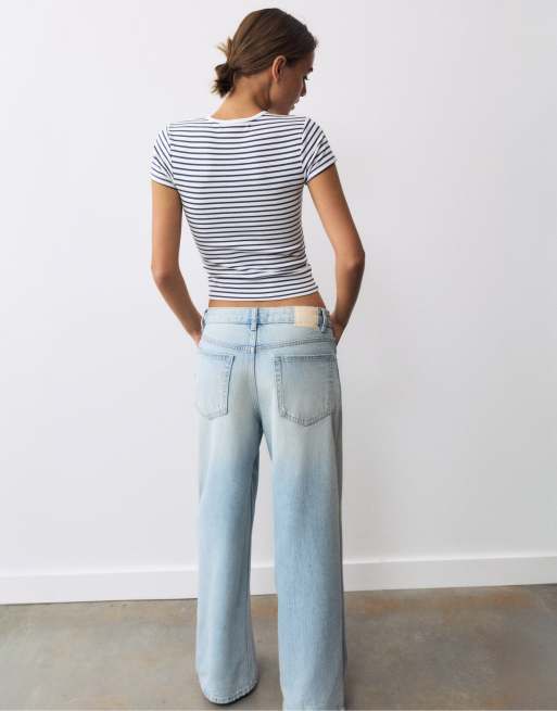 Pull&Bear – Vit, ribbad t-shirt med korta ärmar, 2 av 7