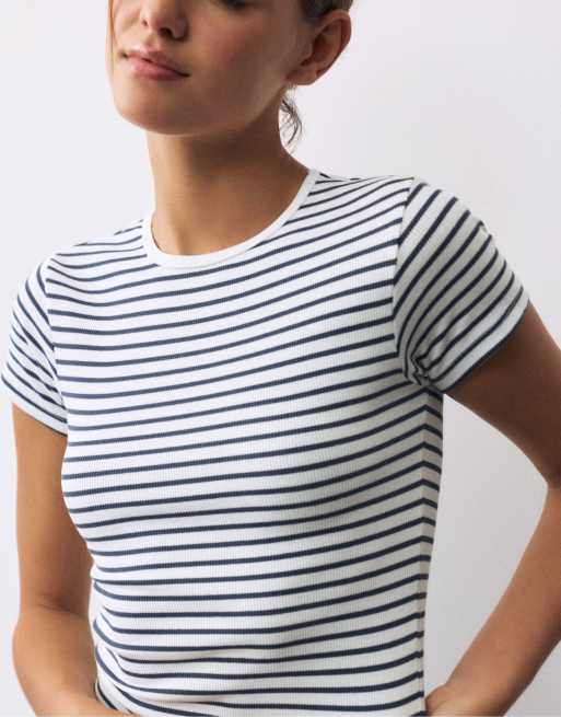 Pull&Bear – Vit, ribbad t-shirt med korta ärmar, 3 av 7