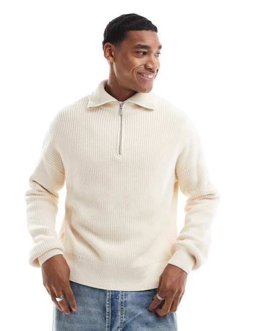 Pull&Bear – Vit stickad tröja med 1/4-lång dragkedja