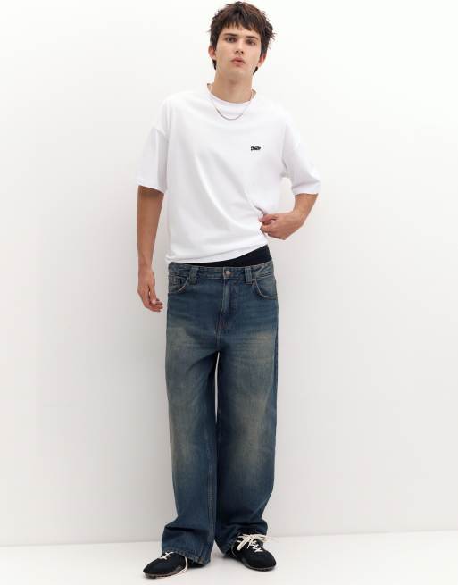 Pull&Bear – Vit t-shirt i oversize med boxig passform och STWD-logga, 4 av 7