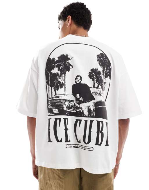 Pull&Bear – Vit t-shirt i oversize med Ice Cube-tryck baktill, 3 av 4