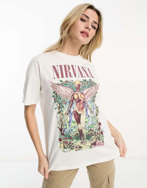 Pull&Bear – Vit t-shirt m ed Nirvana-tryck