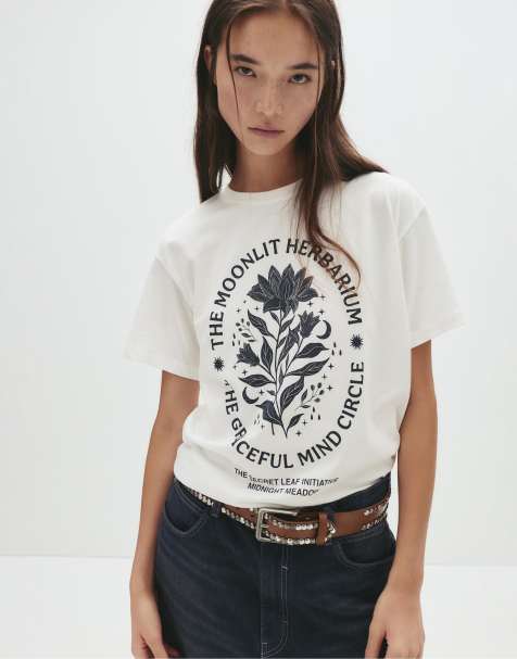 Pull&Bear – Vit t-shirt med blommigt tryck - view 1