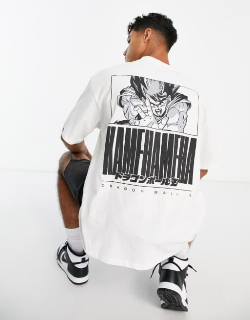 Pull&Bear – Vit t-shirt med Dragon Ball Kamehameha-tryck baktill