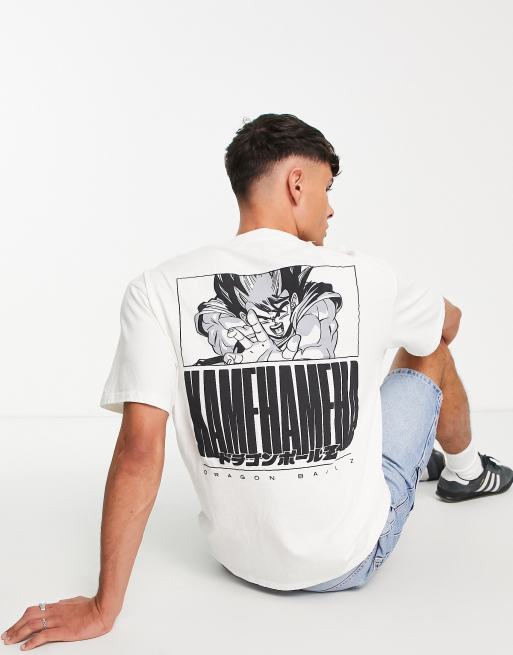 Pull&Bear – Vit t-shirt med Dragon Ball Kamehameha-tryck baktill