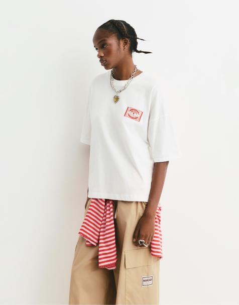 Pull&Bear – Vit t-shirt med grafiskt tryck - view 1