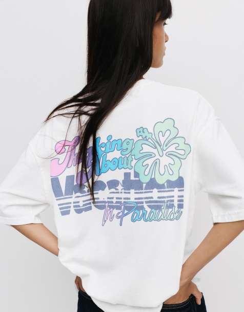 Pull&Bear – Vit t-shirt med hibiskusblomma - view 1