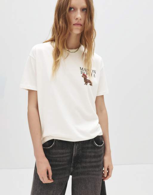 Pull&Bear – Vit t-shirt med hundtryck