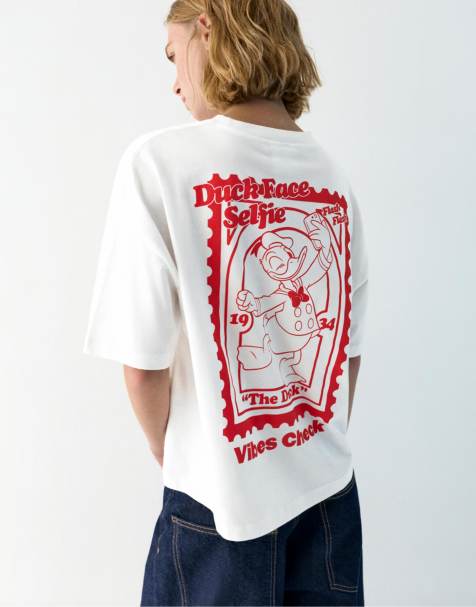 Pull&Bear – Vit t-shirt med Kalle Anka-tryck - view 1