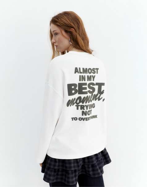 Pull&Bear – Vit t-shirt med långa ärmar och tryck - view 1