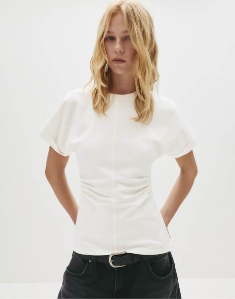 Pull&Bear – Vit t-shirt med rynkad sida - view 1