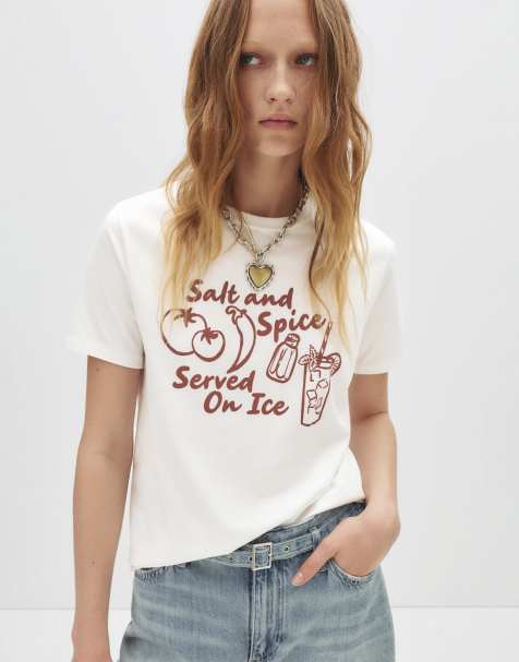 Pull&Bear – Vit t-shirt med 'Salt and Spice'-tryck - view 1