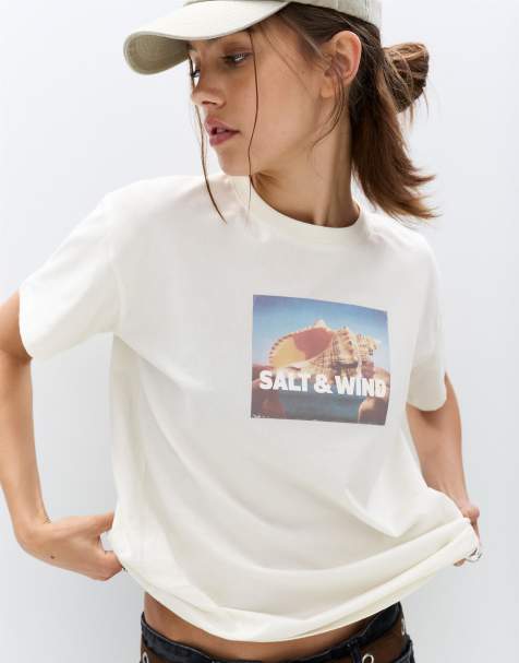 Pull&Bear – Vit t-shirt med snäckfoto - view 1
