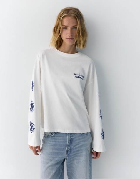 Pull&Bear – Vit t-shirt med soltryck och långa ärmar - view 1