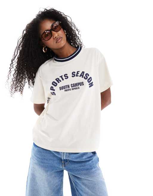Pull&Bear – Vit t-shirt med 'Sports Season'-tryck