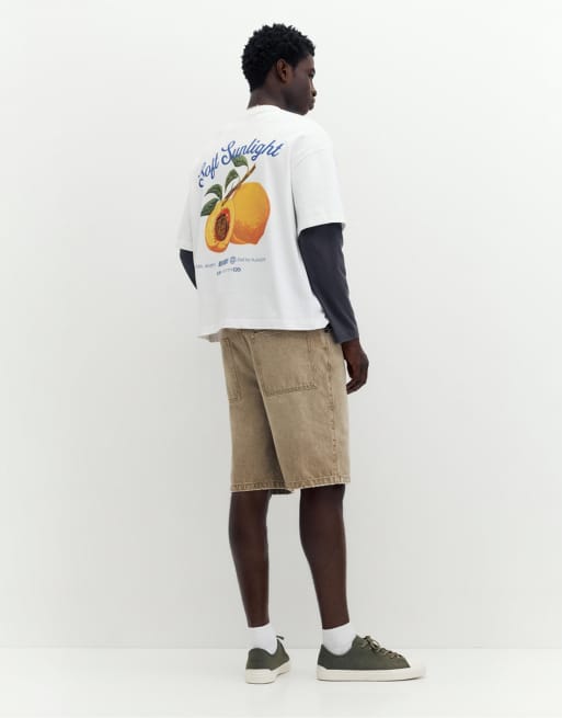 Pull&Bear – Vit t-shirt med STWD-persikotryck, 2 av 4