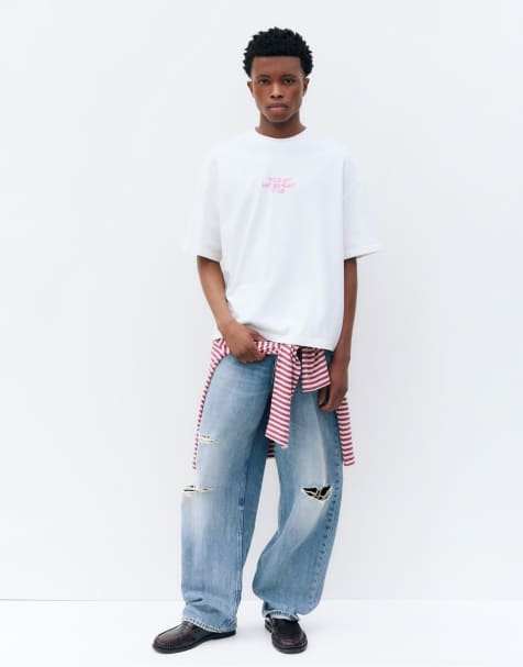 Pull&Bear – Vit t-shirt med STWD-tryck - view 1