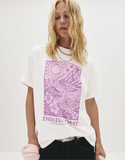 Pull&Bear – Vit t-shirt med Summer Coast-tryck - view 1