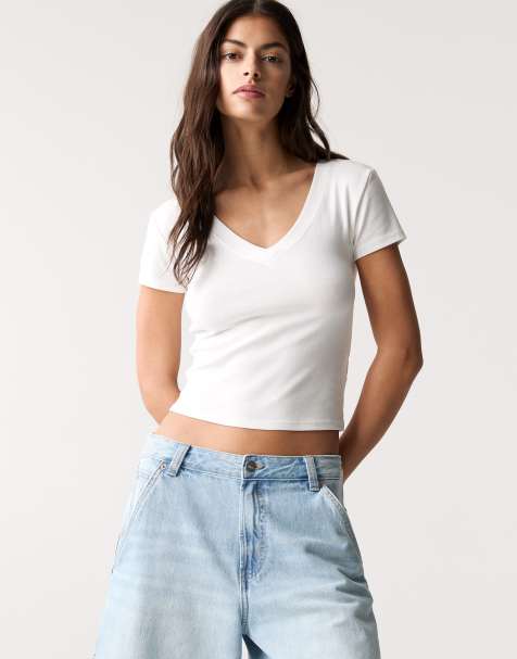Pull&Bear – Vit t-shirt med v-ringning - view 1