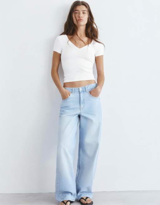 Pull&Bear – Vit t-shirt med v-ringning, 3 av 4