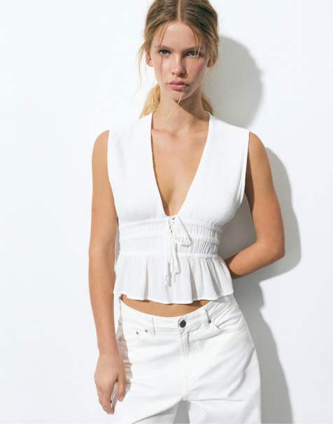 Pull&Bear – Vit topp i crepe med knytning - view 1