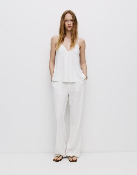 Pull&Bear – Vit topp i linnetyg med smala axelband - view 1