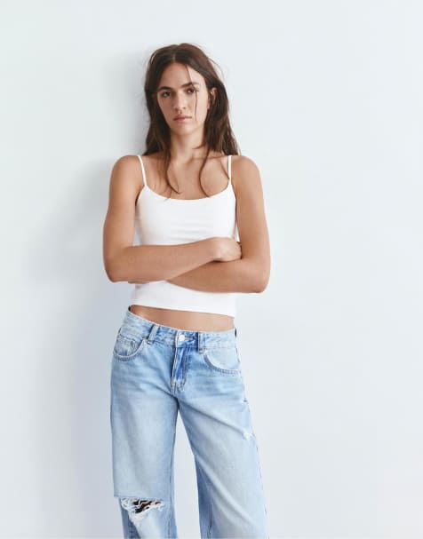 Pull&Bear – Vit topp med justerbara smala axelband - view 1