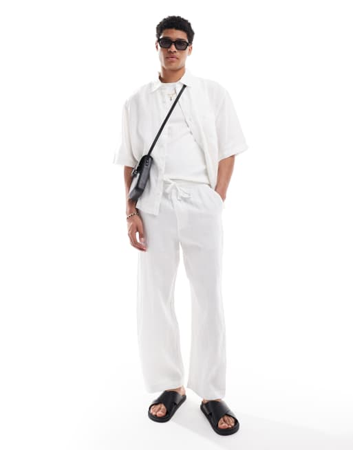 Pull&Bear – Vita, baggy byxor i 100% linne, del av set