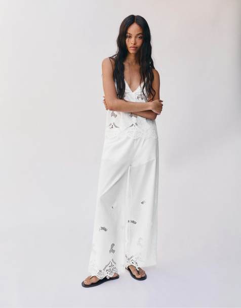 Pull&Bear – Vita byxor med broderi - view 1