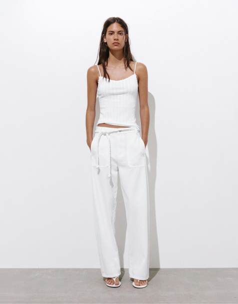 Pull&Bear – Vita jeans med ballongben och dragsko - view 1