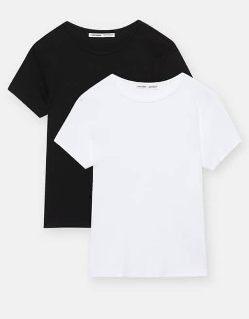 Pull&Bear – Vita och svarta ribbade t-shirts, 2-pack, 4 av 4