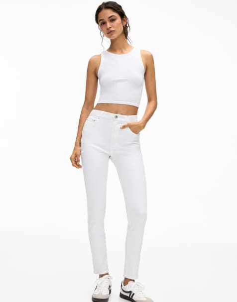 Pull&Bear – Vita, smala jeans med hög midja - view 1
