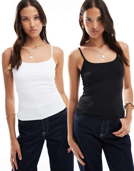Pull&Bear – Vitt och svart, skulpterande linne i polyamid med smala axelband i 2-pack