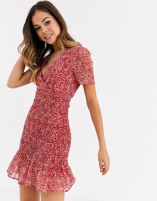 Pull Bear vneck ditsy floral mini dress in red