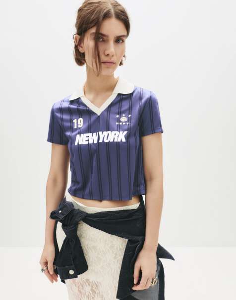 Pull&Bear - Voetbalshirt met 'New York' print in donkerblauw - view 1