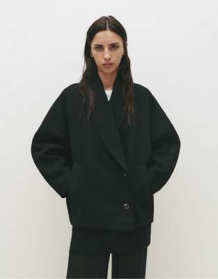 Pull & Bear Volume-sleeve Cloth Coat In Black