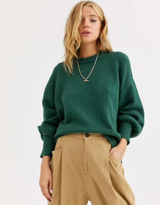 Pullu0026Bear volume sleeve sweater in green | ASOS
