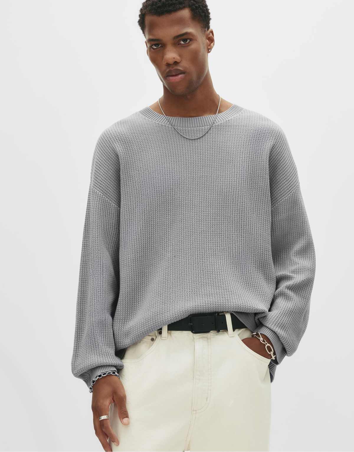 Pull&Bear Waffle-knit sweater in grey marl