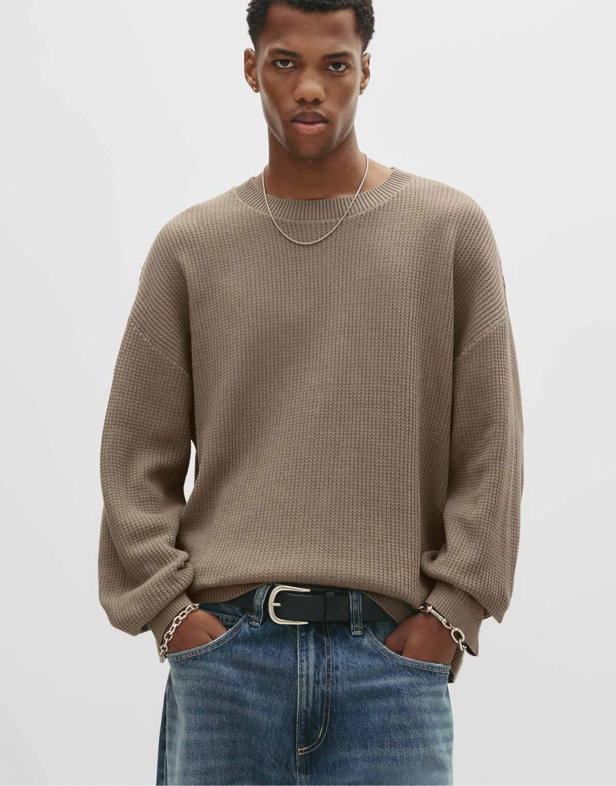 Pull&Bear Waffle-knit sweater in ochre