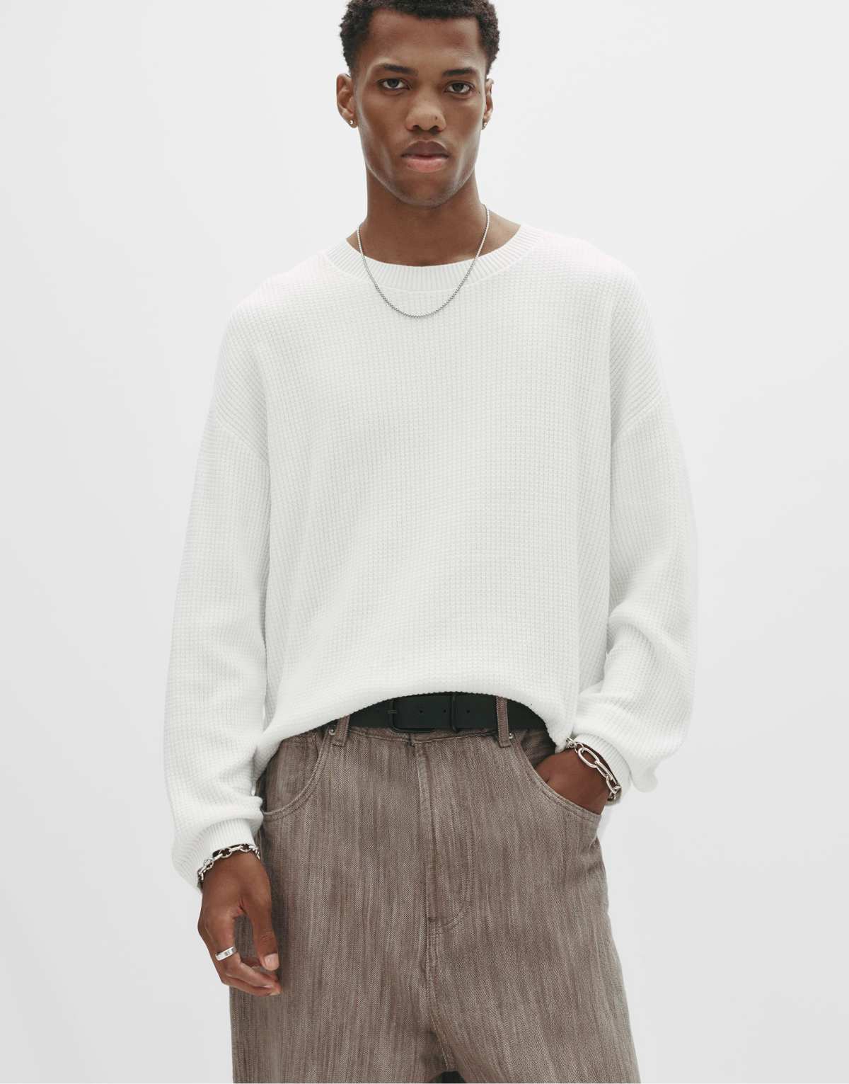 Pull&Bear Waffle-knit sweater in off white
