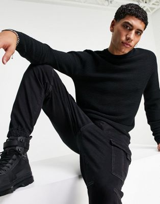 Pull&Bear waffle knitted jumper in black