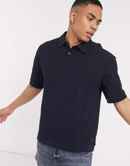 Pull&Bear waffle polo in navy | ASOS